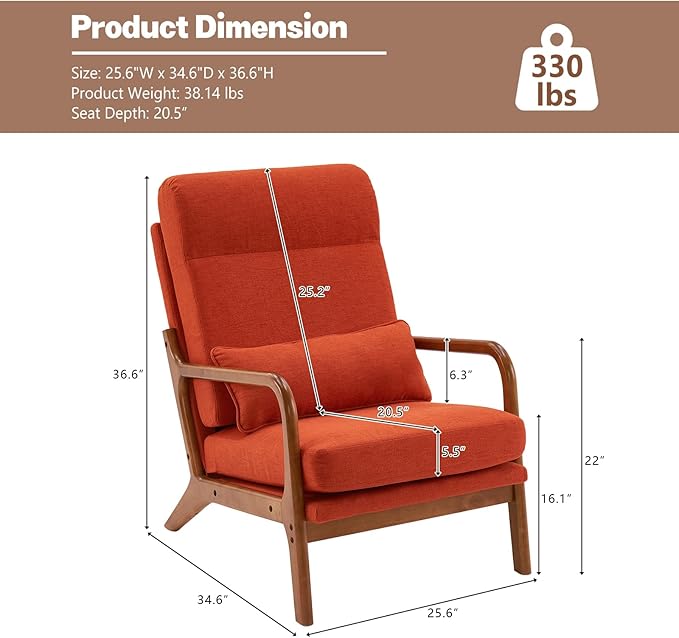 Hommoo Arm Chair Modern Accent Chair Comfy Linen Fabric Reading Chair High Back Leisure Chair with Wood Frame Accent Chair for Living Room Bedroom Balcony Orange