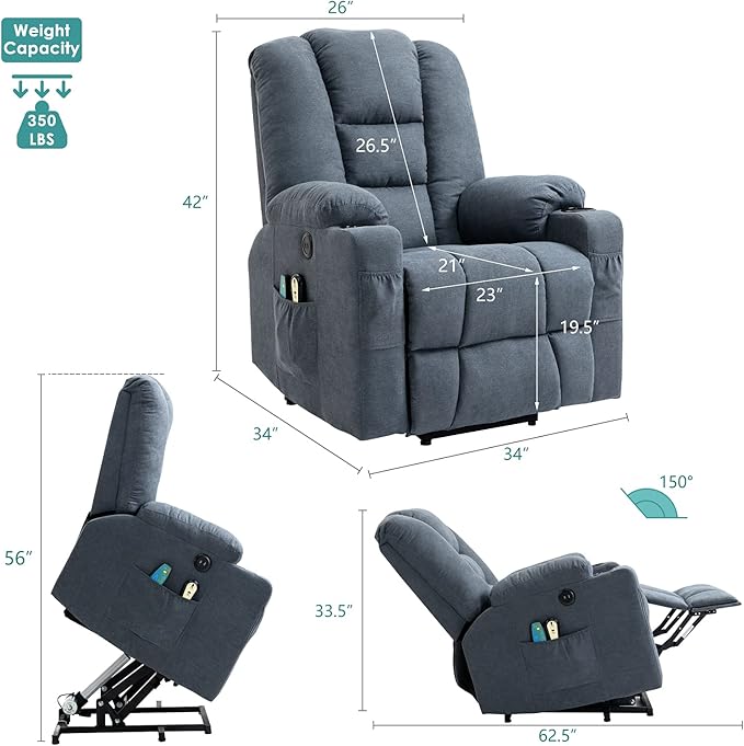 MEETWARM Power Lift Chair Electric Recliner for Elderly Heated Vibration Massage Soft Fabric Recliner Chair with 2 Remote Controls USB Ports Cup Holders &amp Side Pockets for Living Room (Gray-Blue