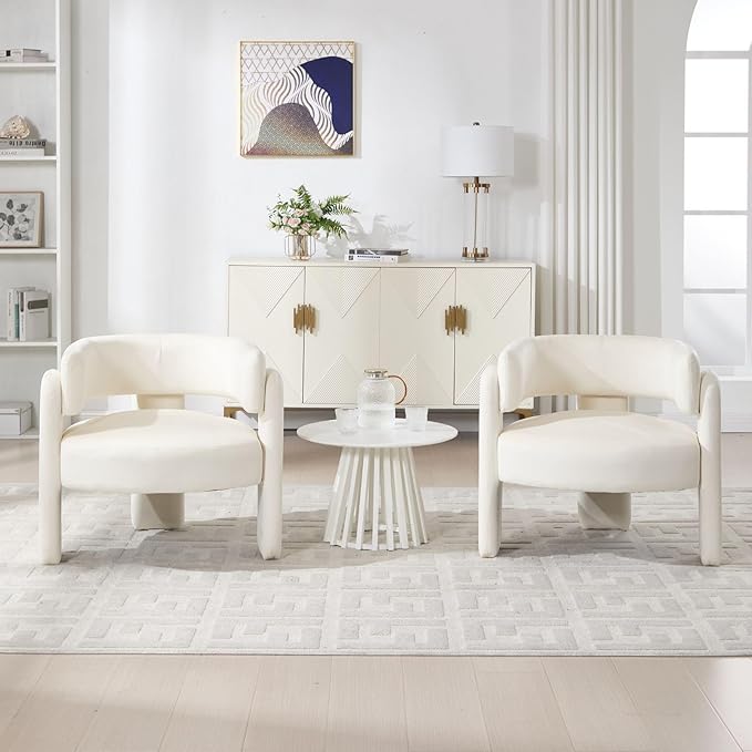 Set of 2 Accent Chairs with Arms Upholstered Barrel Armchair with Curved Back Comfy Single Side Chair for Reading Living Room Home Office Beige