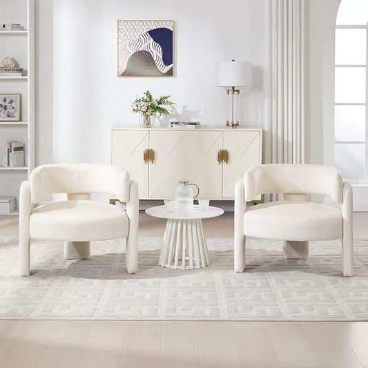 Set of 2 Accent Chairs with Arms Upholstered Barrel Armchair with Curved Back Comfy Single Side Chair for Reading Living Room Home Office Beige