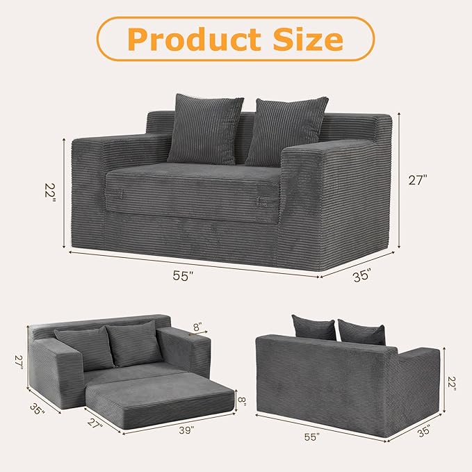 Winzon Boneless Loveseat 3 in 1 Convertible Sofa Bed Sleeper Sofa Floor Futon Bed with 4 Pillows 55 Grey Boneless Couch for Living Room Guest Room Small Space No Assembly Required Corduroy
