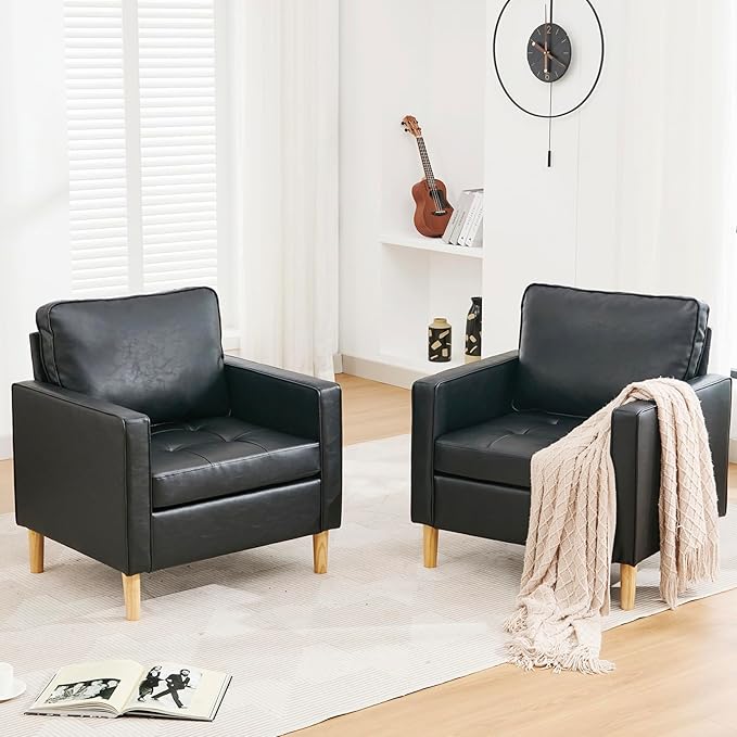 STHOUYN Black Faux Leather Accent Chairs Set of 2 Small Living Room Bedroom Chairs Comfy Reading Chair Single Sofa for Adults Suitable Small Spaces Office Couch Easy Assembly