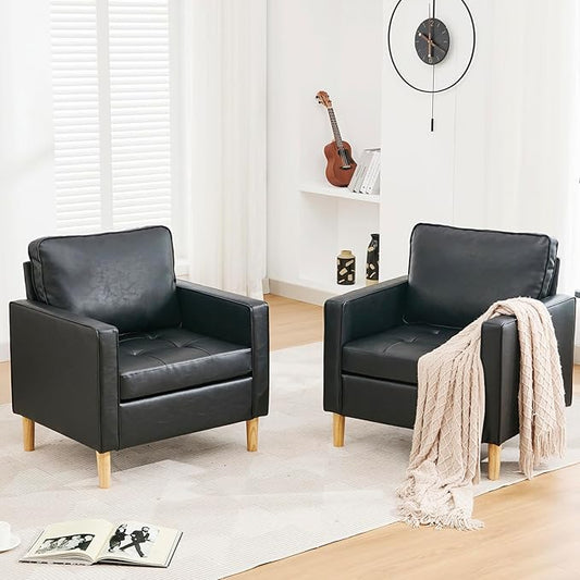 STHOUYN Black Faux Leather Accent Chairs Set of 2 Small Living Room Bedroom Chairs Comfy Reading Chair Single Sofa for Adults Suitable Small Spaces Office Couch Easy Assembly