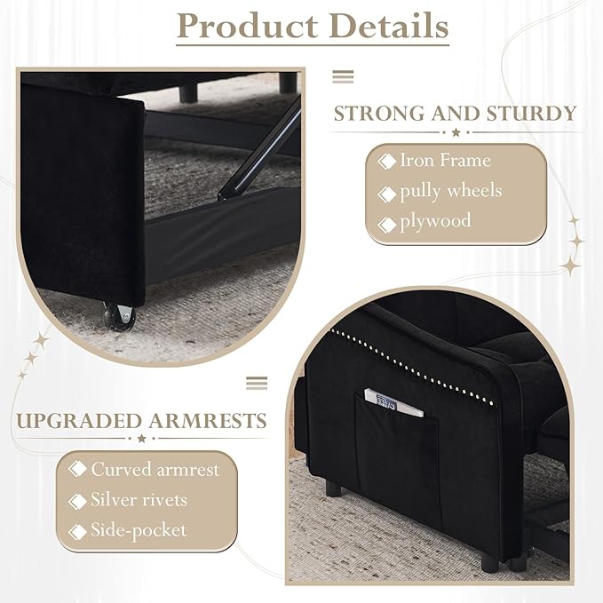 Sleeper Sofa Couch with Type C USB Port 3 in 1 Modern Velvet Convertible Loveseat Sofa w/Pull Out Bed Curved Armrest for Small Space Livingroom Apartment Office Black