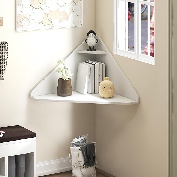 Giantex Corner Floating Desk Wall Mounted Computer Desk with Storage Shelf Space-Saving Writing Desk Triangle Laptop Desk for Living Room Study Bedroom Home Office &amp Small Spaces (White)