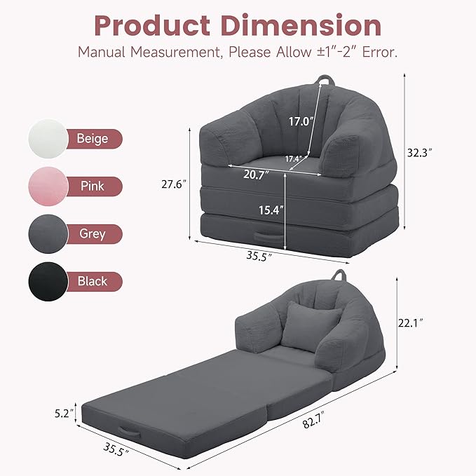 Folding Sofa Bed Convertible Sleeper Chair with Armrest Floor Futon Couch with Pillow Sleeper Single Chair for Adults Couches for Living Room Small Couches for Small SpacesGrey