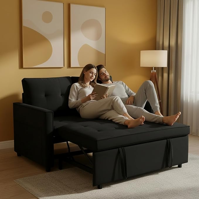 Sofa Bed Pull Out Couch with Side Pockets 3 in 1 Velvet Fabric Loveseat Sleeper Sofa Bed Pull Out Couch with Adjustable Backrest for Living Room Bedroom Apartment Black 53 Inch