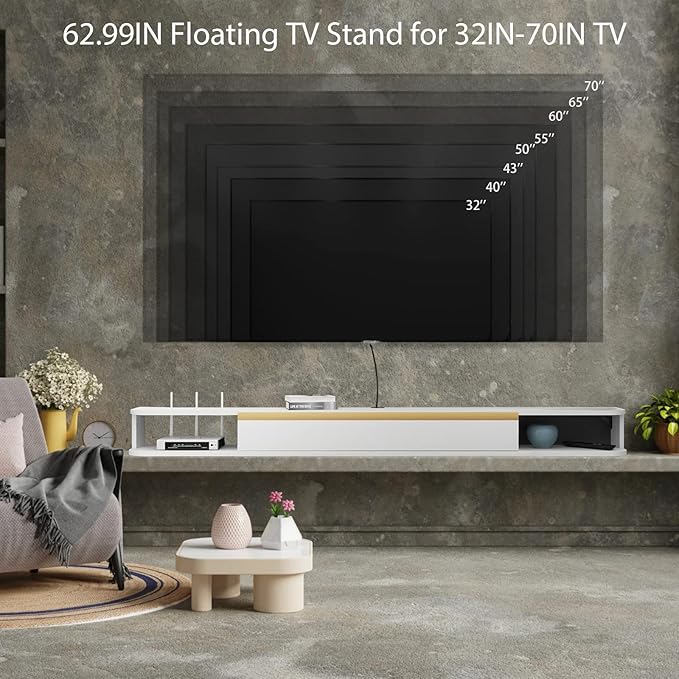 Floating TV Stand 63'' Wall Mounted Entertainment Center TV Media Console Floating Shelves with Door Floating TV Cabinet Large Storage TV Bench for Living Room (White 62.99IN)