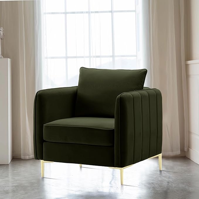 Leather Accent Chair Mid Century Modern PU Leather High Back Armchair for Living Room Chairs with Solid Wood Legs for Small Spaces Bedroom Office (Green-Velvet 29.13D x 32.68W x 35.04H)