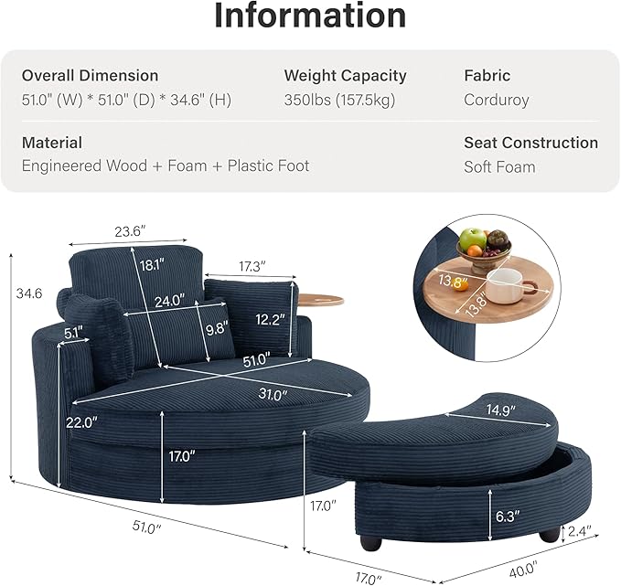 Oversized 360° Swivel Barrel Chair with Storage Ottoman &amp Rotatable Tray Table Modern Elegant 51’’ Corduroy Accent Chair with Cresent-Shaped Ottoman Extra Wide &amp Deep Seat Ocean Blue