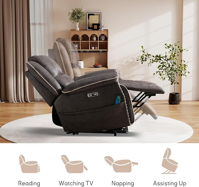 Bonzy Home Power Lift Recliner Chair for Elderly with Massage and Heating Dual Motor Faux Leather Lift Chair with Spacious Seat 2 Cup Holders Adjustable Headrest (Grey Brown)