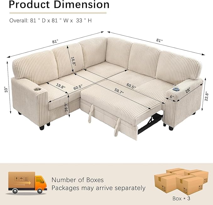 81 Modular Sectional Sofa L Shaped 5-Seater Sleeper Sofa with Pull Out Bed Hidden Storage Cup Holders &amp USB Charging Ports Sectional Couches for Living Room Corduroy Beige