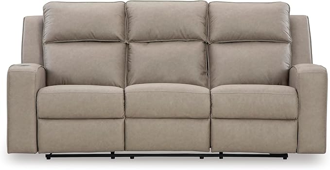 Signature Design by Ashley Lavenhorne Contemporary Faux Leather Manual Reclining Sofa with Drop Down Table Cup Holders and USB Ports Beige