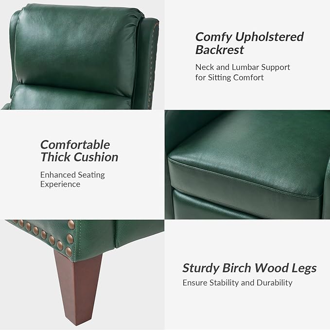 HULALA HOME Genuine Leather Recliner Chair Modern Push Back Recliner Armchair with Thick Seat Backrest &amp Footrest Nailhead Decor for Living Room Bedroom Green