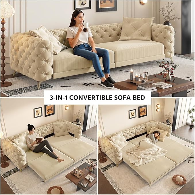 Ball &amp Cast 3-in-1 Convertible Sleeper Sofa with Movable Ottoman97.7 Velvet Pull Out Sofa Bed Modern Button Tufted 4-Seater Sofa Couch with Deep Seat for Living Room ApartmentOfficeApricot