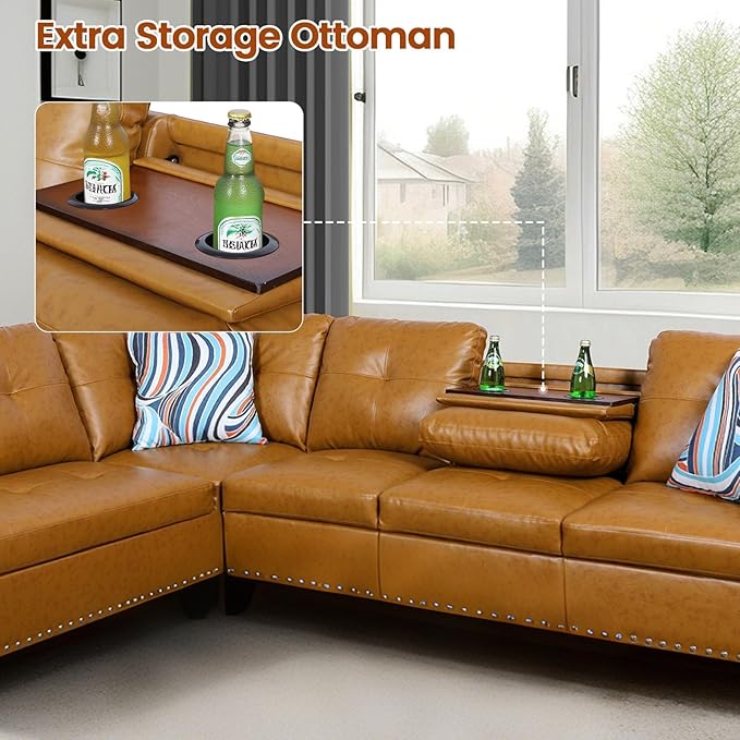 L Shape Sectional Couch with Chaise 97.5 Inch Modular Sofa with Cup Holders Sectional Couches for Living Room Ergonomic Reclined Backrest for Office and Small Apartment Ginger
