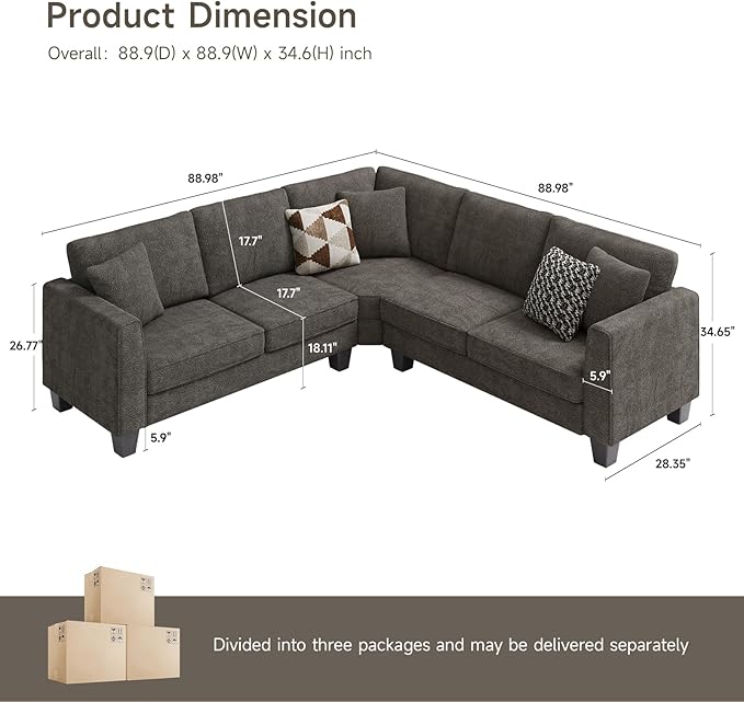 ONBRILL L Shaped Couch Small Corner Sectional Sofa for Living Room Comfy Chenille L Shape Sofa with 3 Throw Pillows Easy Assembly Convertible Sectional Sofa Couches for Apartment Grey