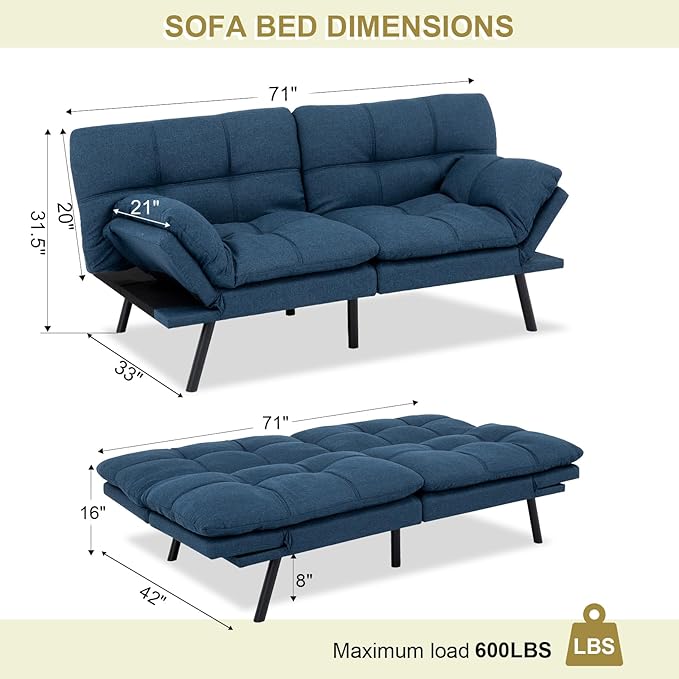 MUUEGM Convertible Futon Sofa Bed Memory Foam Futons Couch Bed 71 Adjustable Backrests and Armrests Sleeper Sofa Modern Love Seat Couch Bed for Living Room Small Space Office Blue
