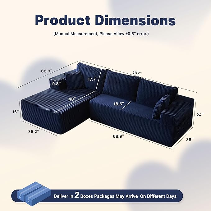107 Boneless Couch with Deep Seat Set of Modular Sectional Sofa Cloud Sectional Couch for Living Room No Assembly Required Corduroy L-Shape Left Blue