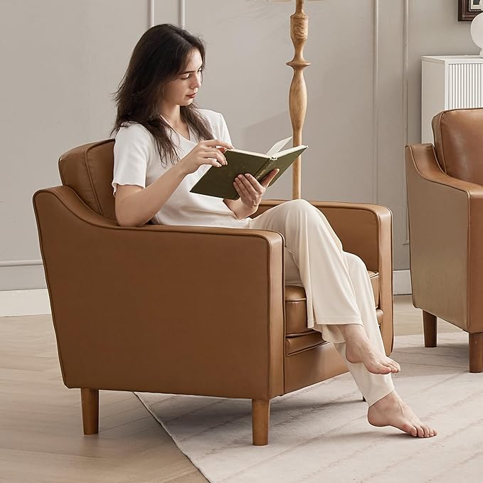 Kingfun Accent Chair Living Room Chairs Faux Leather Reading Armchair Mid Century with Solid Wood Foot Upholstered Modern Decor for Bedroom Apartment Brown