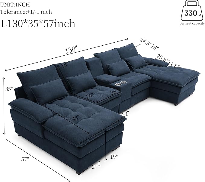 KEIKI 130 U-Shaped Sofa with Storage Console Cup Holders Upholstered 6 Seat Sectional Sofa Button Tufted Cloud Cushion Couch for Home Office Apartment Blue