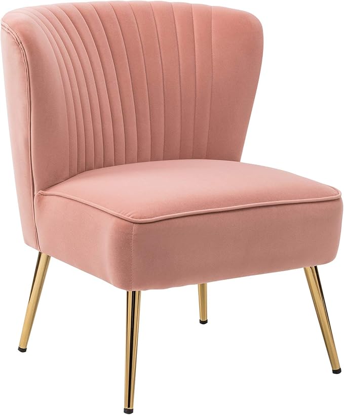 HULALA HOME Velvet Accent Chair Modern Upholstered Cute Side Chair with Gold Metal Legs Armless Wingback Slipper Chair Comfy Living Room Chair for Bedroom Guest Room Vanity Pink