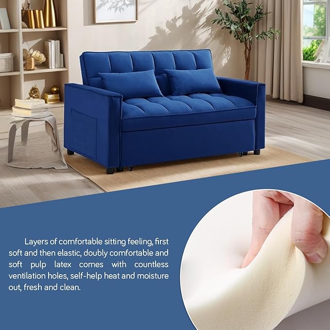 3 in 1 Convertible Sleeper Sofa Bed 54'' Full Size Velvet Pull Out Futon Couch Recliner with Reclining Backrest &amp 2 Pillows Small Loveseat Lounge Couches for Small Spaces (Dark Blue)