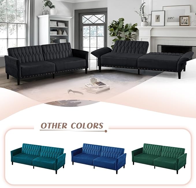 77 Inches Velvet Sofa Bed w/Adjustable Backrests &amp Armrests Convertible Sleeper Sofa w/Nailhead Trim Modern Loveseat Couch with Sturdy Legs for Living RoomOfficeBlack
