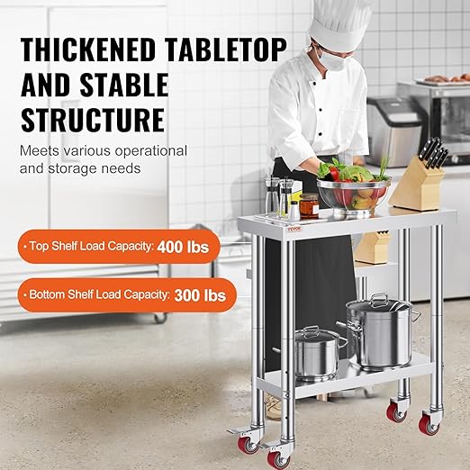 VEVOR Stainless Steel Work Table 30 x 12 x 34 Inch 700 LBS Load Capacity with 4 Wheels 3 Adjustable Height Levels Heavy Duty Food Prep Worktable for Commercial Kitchen Restaurant Silver