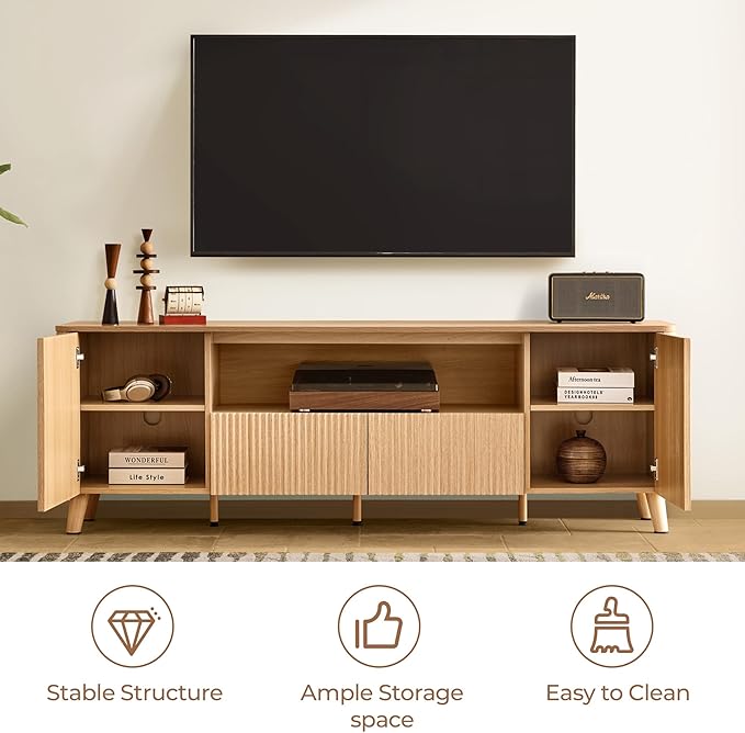 CHITA TV Stands for Living Room Mid Century Modern TV Stand for 80 inch TV with Storage Drawers Adjustable Shelves Oak