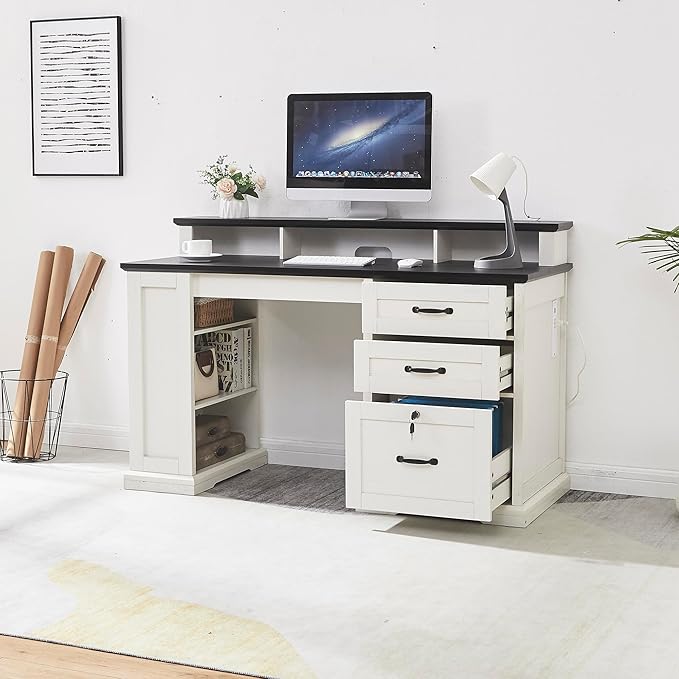 55”Farmhouse Executive Desk with Side Bookshelf Home Office Desk with Monitor Stand 2 Drawers &amp Lockable File CabinetRustic Computer Desk with Built-in Power Outlet (55)