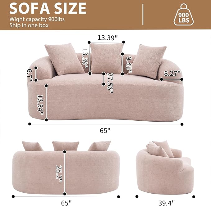 65 Curved Loveseat for Small SpacesBoneless Loveseat SofaWood Grain Chenille Fabric No Installation Requirement Curved Sofa Couch for ApartmentLiving RoomOffice (Apricot 65)