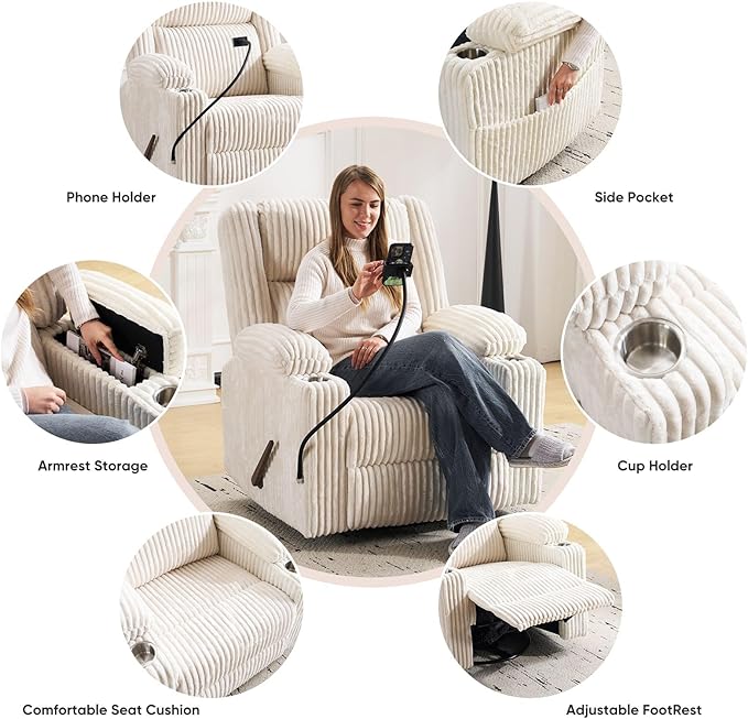 Oversized Manual Recliner Chair with Arm StorageSwivel Rocker Recliner Chair for Adults with Adjustable HeadrestNursery Glider Recliner with Phone Stand and Side Pockets for Living RoomBeige