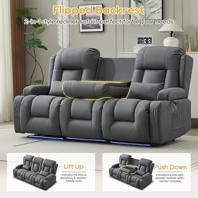 IPKIG Power Loveseat Recliner Sofa with Flip-Up Backrest Table AC Outlet LED Light Wall Hugger Recliners for Living Room RV Home Theater (Light Blue 3-Seater)