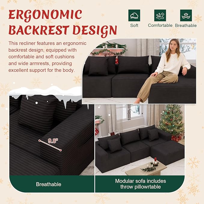 Modular Cloud Couch Sectional Deep Seat No-Bone Corduroy Sofa with Ottoman Oversized Comfy Modular Sofa for Living Room Bedroom Apartment No Assembly Flexible Layout (Black Loveseat+Ottoman)