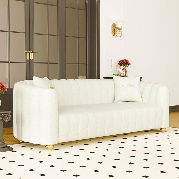 83 Velvet White Couch Modern Sofas for Living Room Cream Sofa 3 Seater Solid Wood Frame with Gold Metal Legs and Two Pillows Comfy Teddy Sofa ﻿