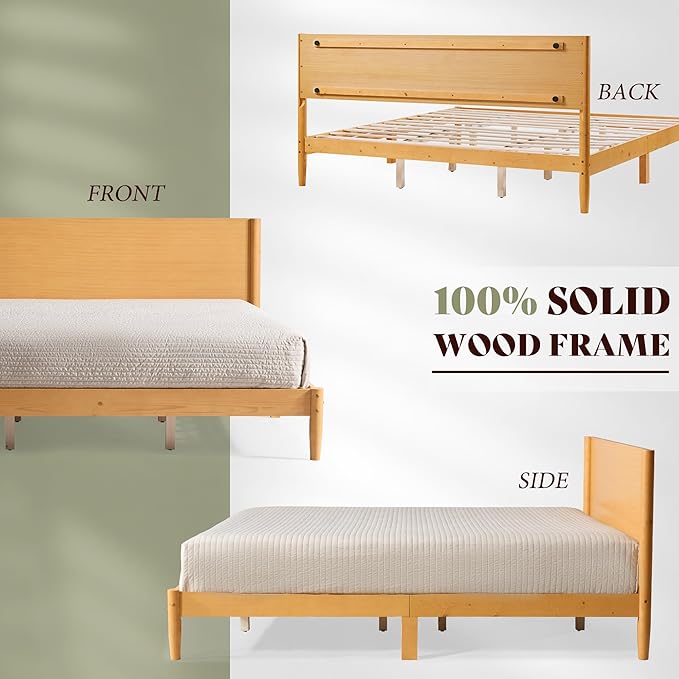 AMERLIFE Solid Wood Queen Bed Frame Mid Century Modern Platform Bed with Full Panel Headboard Wooden Bed with Cylindrical Legs No Box Spring Needed &amp Noise-Free Natural Wood