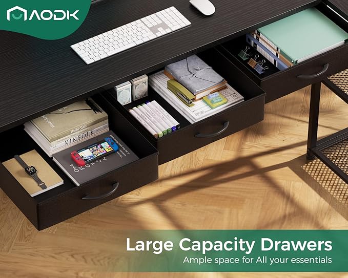 AODK 53 Inch L Shaped Computer Desk with Drawers Corner Desk with Power Outlets &amp Reversible Storage Shelves for Home Office Gaming Black