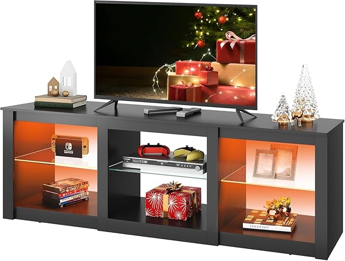 WLIVE Modern LED TV Stand for 65 70 Inch TV 58 Entertainment Center with Adjustable Glass Shelves &amp RGB Lights Wood Media Console Table for Living Room Bedroom Gaming Room Black
