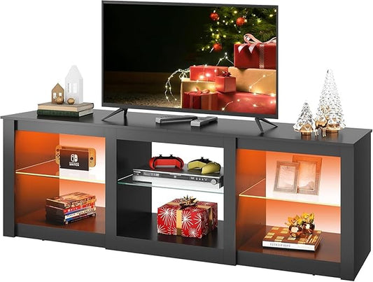 WLIVE Modern LED TV Stand for 65 70 Inch TV 58 Entertainment Center with Adjustable Glass Shelves &amp RGB Lights Wood Media Console Table for Living Room Bedroom Gaming Room Black