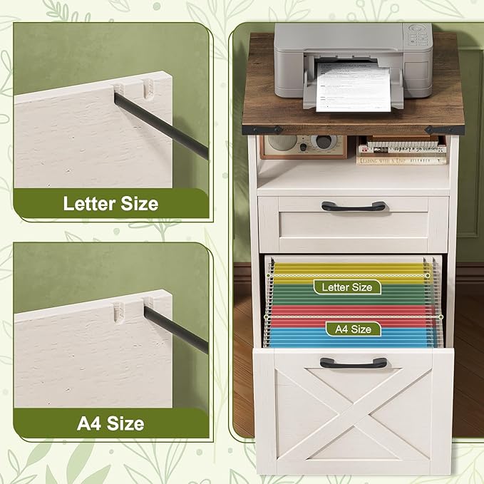 Farmhouse Filing Cabinet with Open Storage Space &amp Wheels Office Filing Vertical Cabinet with 2 Drawers Printer Stand for Hanging Files Letter/A4 Under Desk Storage Cabinets for Home Office. Wh