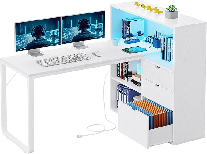 YITAHOME L Shaped Desk with Power Outlets 55 Computer Desk with Drawers &amp Bookshelf Home Office Desk with LED Lights Corner Desk with File Cabinet White