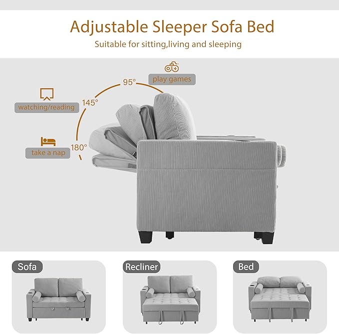 55 Convertible Sofa Bed Comfy Corduroy Sleeper Sofa with Pull-Out Bed 3-in-1 Loveseat Sleeper Sofa Bed with 3-Levels Adjustable Backrest Side Pocket Cup Holder USB for Living RoomLight Gray