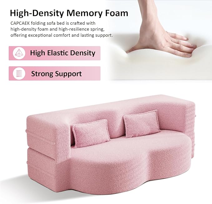 Folding Foam Sofa Bed15 Full Size Floor CouchConvertible Teddy Fabric Foam-Filled Sleeper Futon Loveseat Couch for Living Room Guest Use Office Apartmen (Pink)