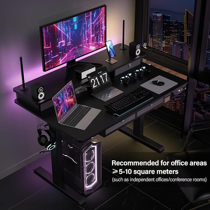 Electric Standing Desk 48 * 30 Inches Adjustable Height with 4 Drawers Double Storage Shelves Home Office Workstation Sit Stand up Desk (Classical Black)