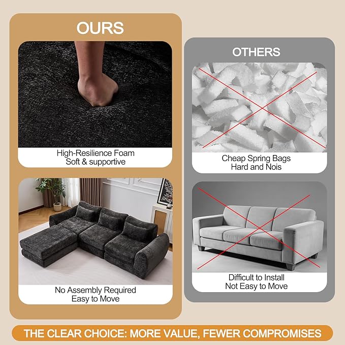 105” Modular Sectional Sofa Convertible Sofa BedTransforms into Single or Double Sofa Chenille Fabric Cloud SofaModern Soft Boneless Comfort No Assembly Required Black