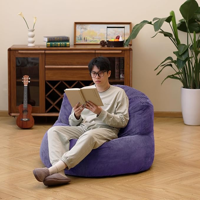 N&ampV Large Crescent Bean Bag Chair Adult Size Bean Bag Sack Foam Filling Soft Premium Corduroy Bean Bag for Living Room Bedroom Dorm and Office (Future Dusk)