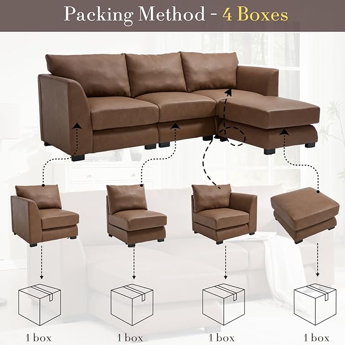 HEAH-YO 91 Inch Modular Sectional Sofa 3-Seater Sectional Couch with Movable Ottoman L Shaped Comfy Cloud Couch for Living Room PU Brown