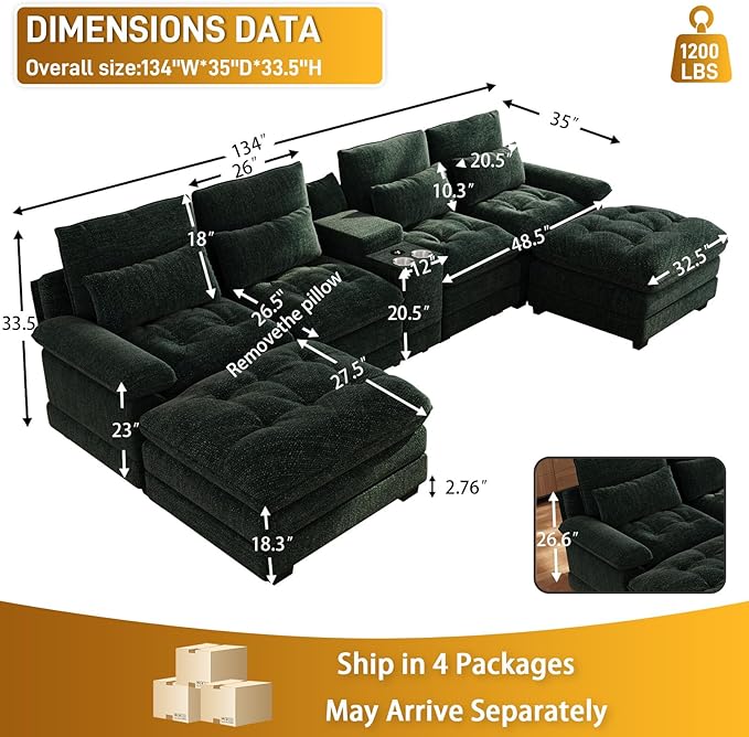134 Oversized Green Sectional Couches for Living Room with Glitter Fabric Fluffy Couch with Chaise Lounge&ampTufted Buttons U Shaped Sofa Set Chenille 6 Seater Couch with 2 Ottoman &amp Storage
