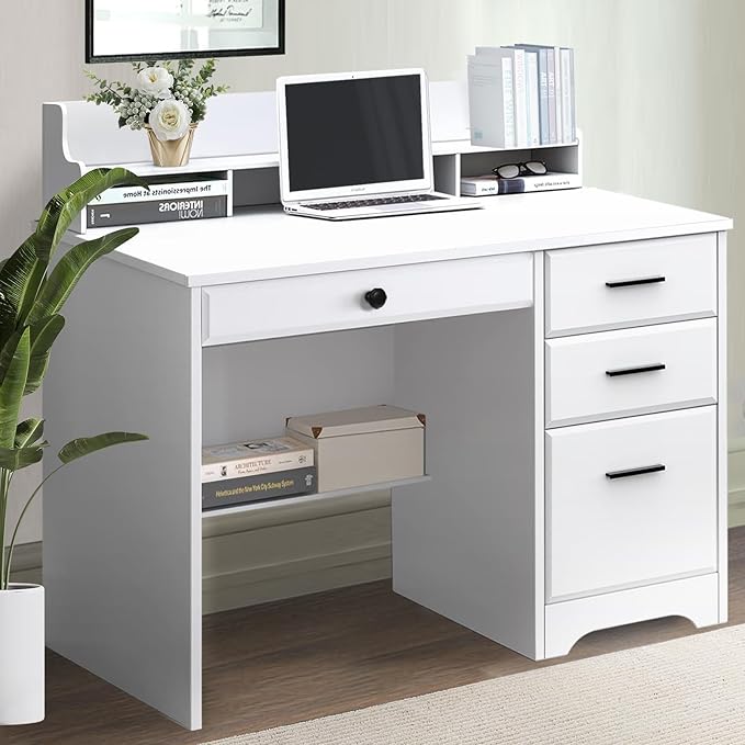 Catrimown Computer Desk with 4 Drawers and Hutch Home Office White Writing Desk with File Drawer and Shelves for Small Spaces Small Desk Study Table for Bedroom